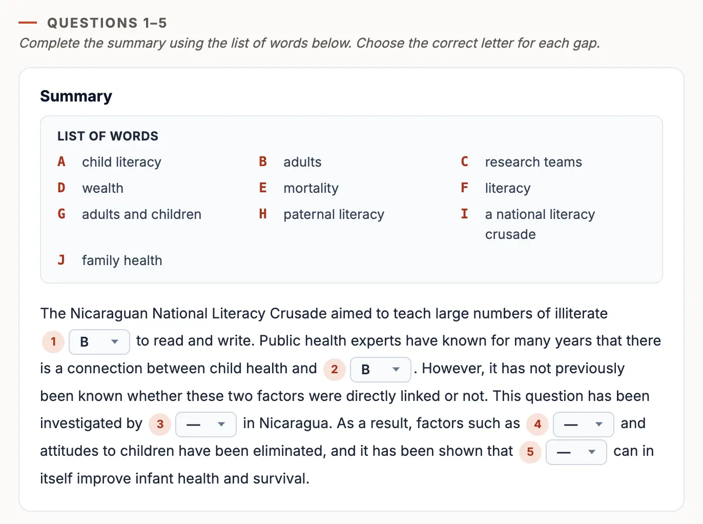 Summary completion with wordlist trong IELTS Reading